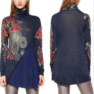 DESIGUAL BLUE EMBELLISHED FLORAL CHANTALE TUNIC SWEATER